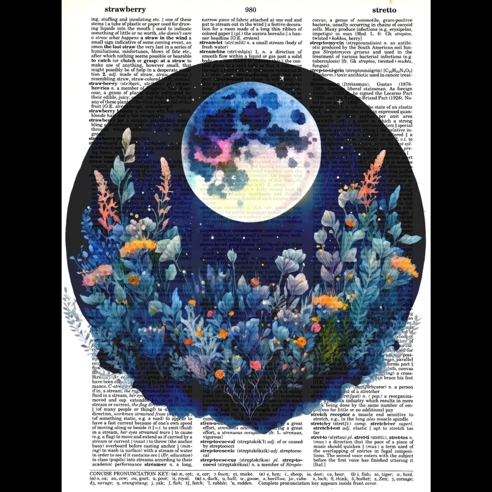 Bright Full Blue Moon Starry Landscape Nature Flower Vintage Art Print